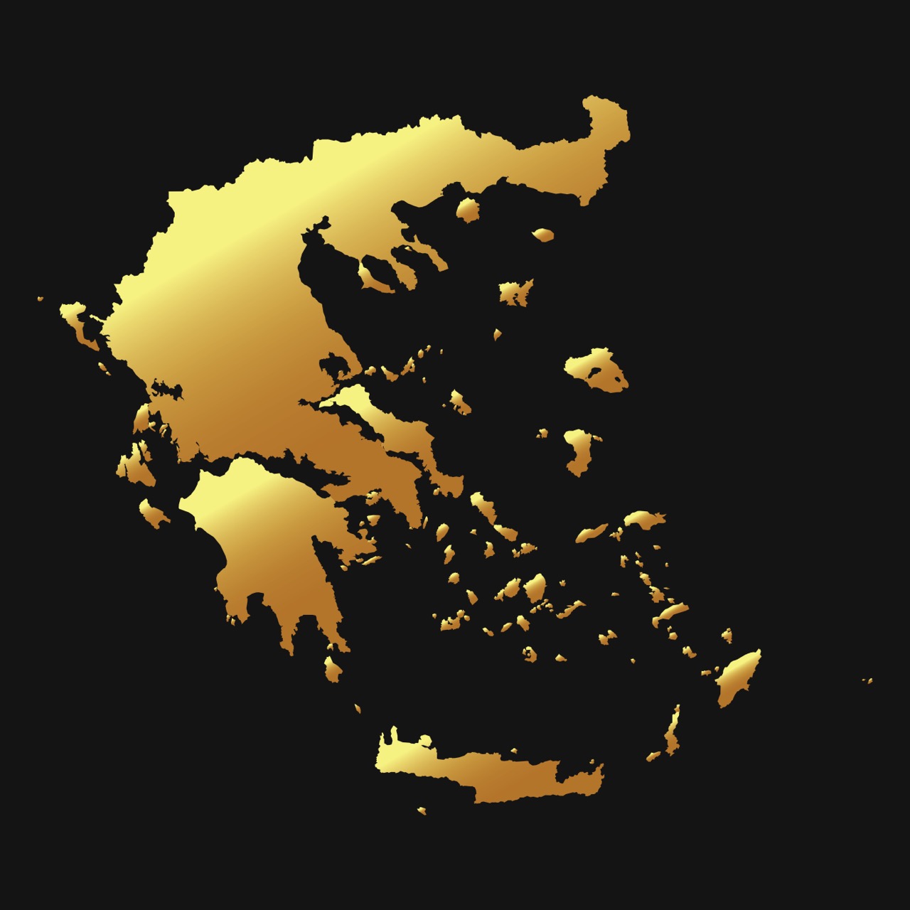 kaart ingezoomd op griekenland en de verschillende eilanden de achtergrond van de kaart is zwart en griekenland is in het goud.