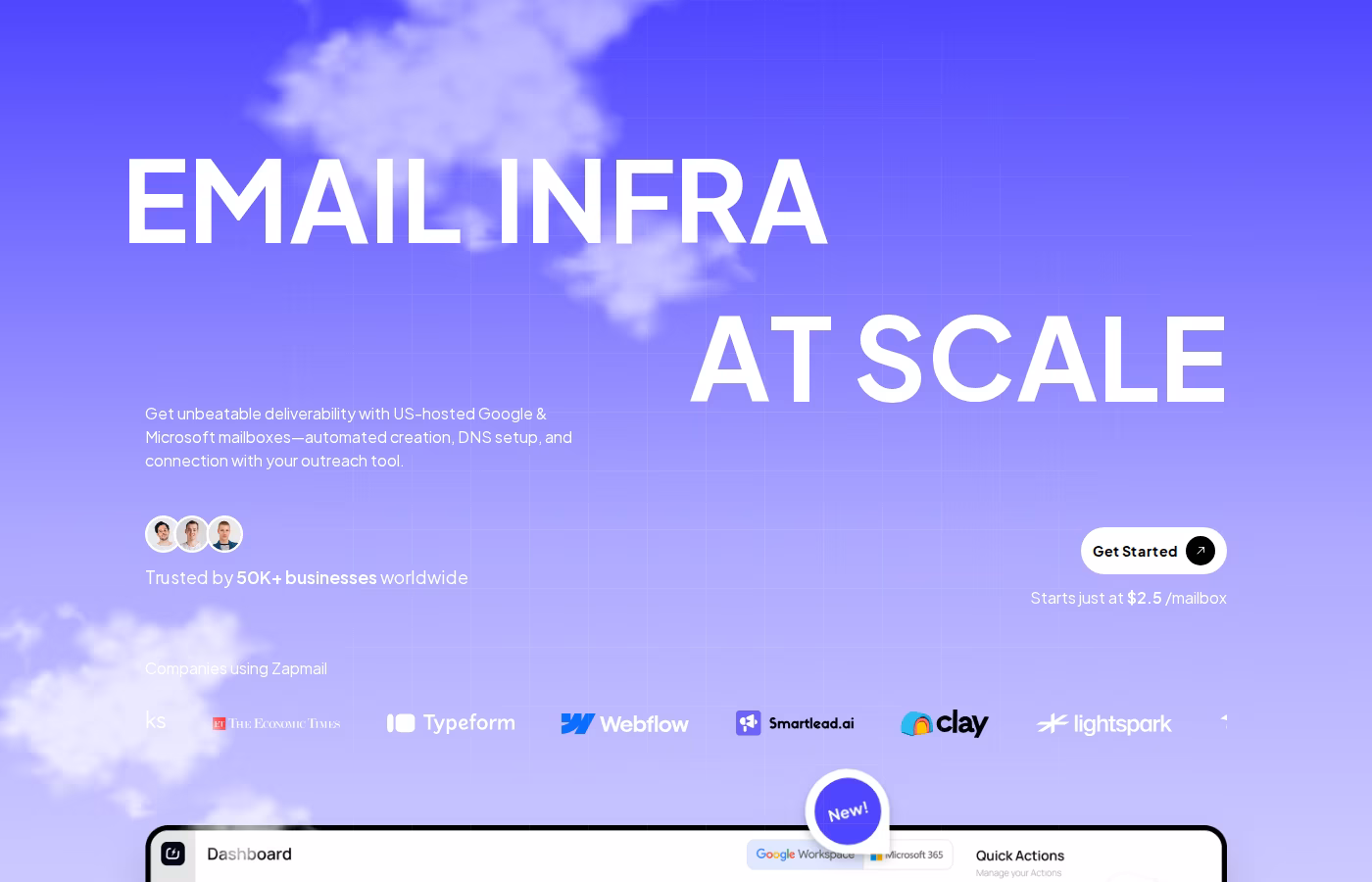 Zapmail homepage - Email infrastructure at scale with Google and Microsoft mailboxes