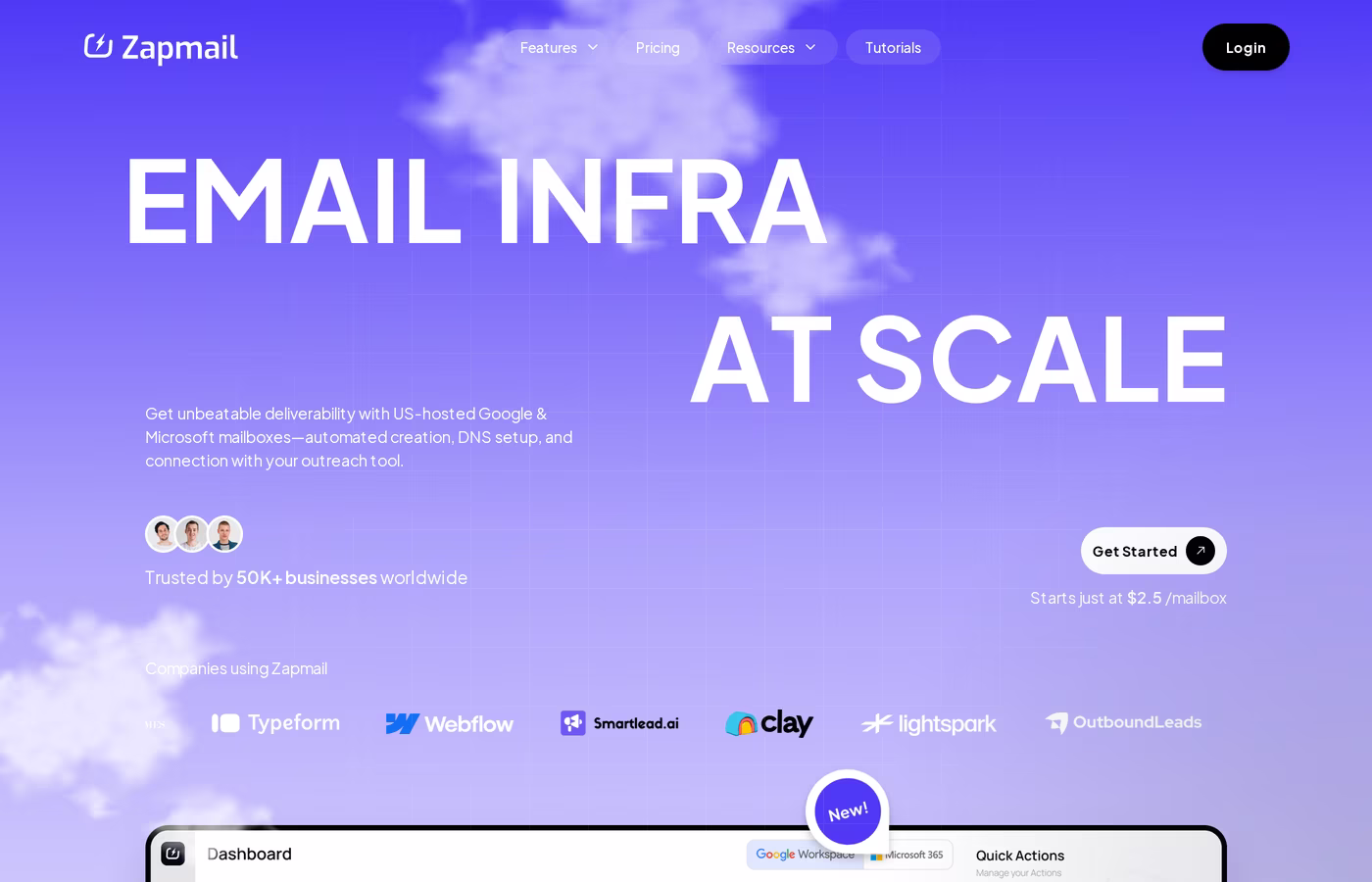 Zapmail homepage showing email infrastructure at scale messaging