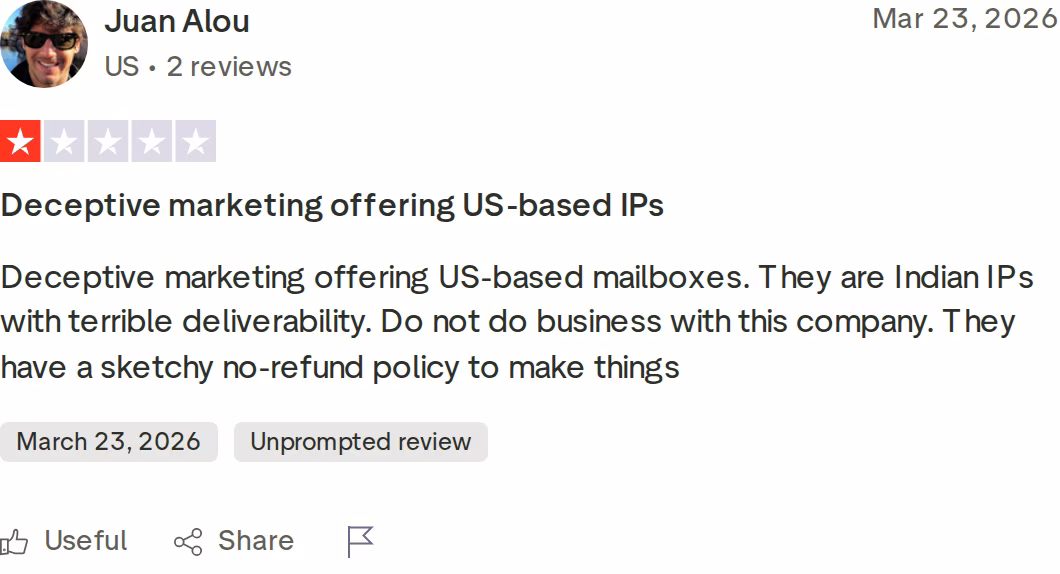 One-star Trustpilot review of Zapmail claiming deceptive marketing on US-based IPs