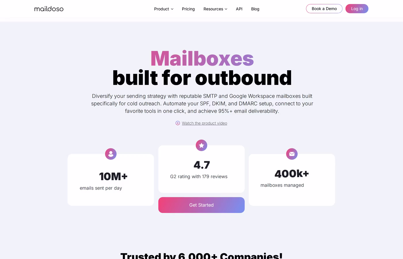 Maildoso homepage with mailboxes built for outbound positioning