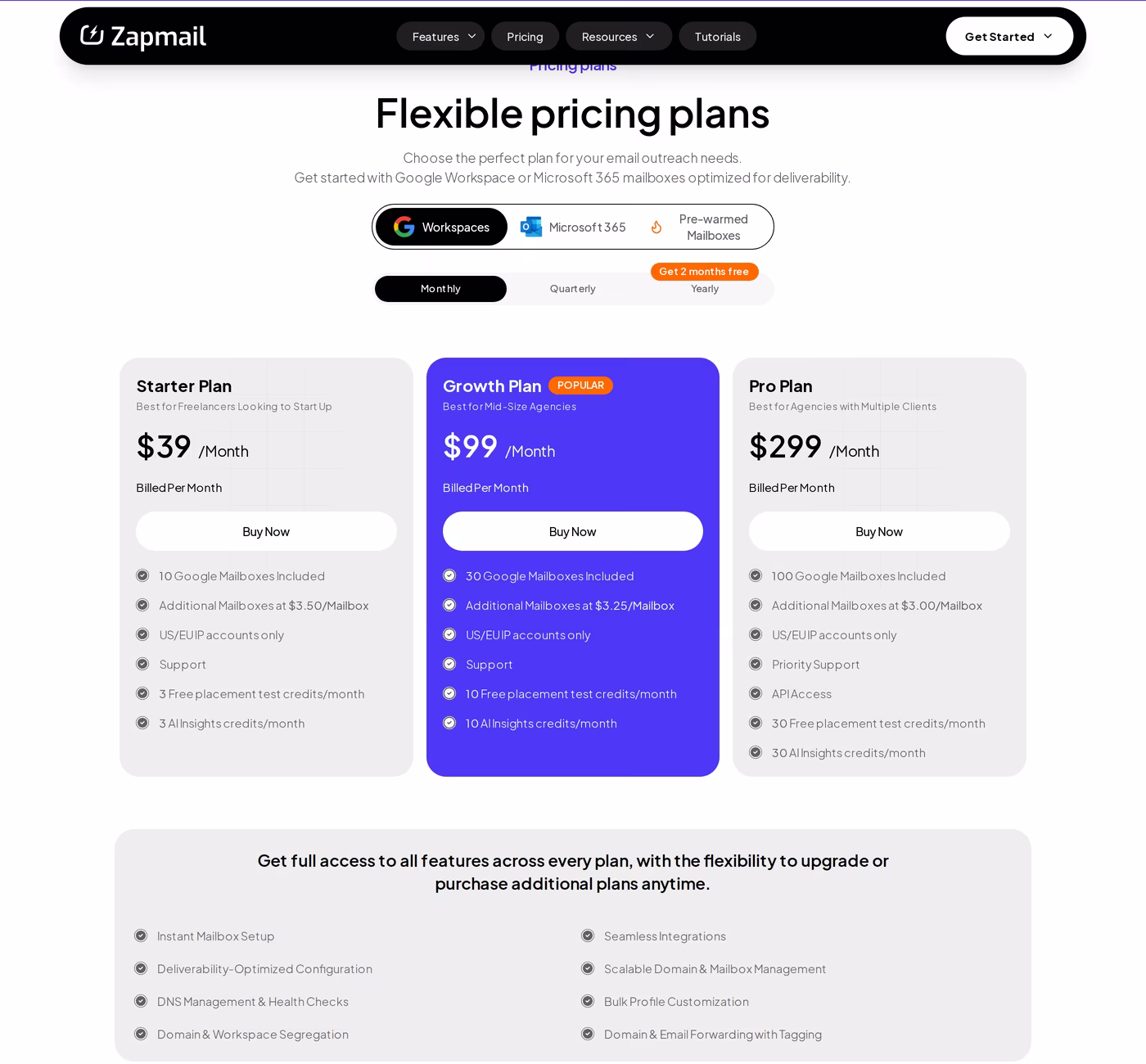 Zapmail pricing page showing Starter Growth and Pro plans