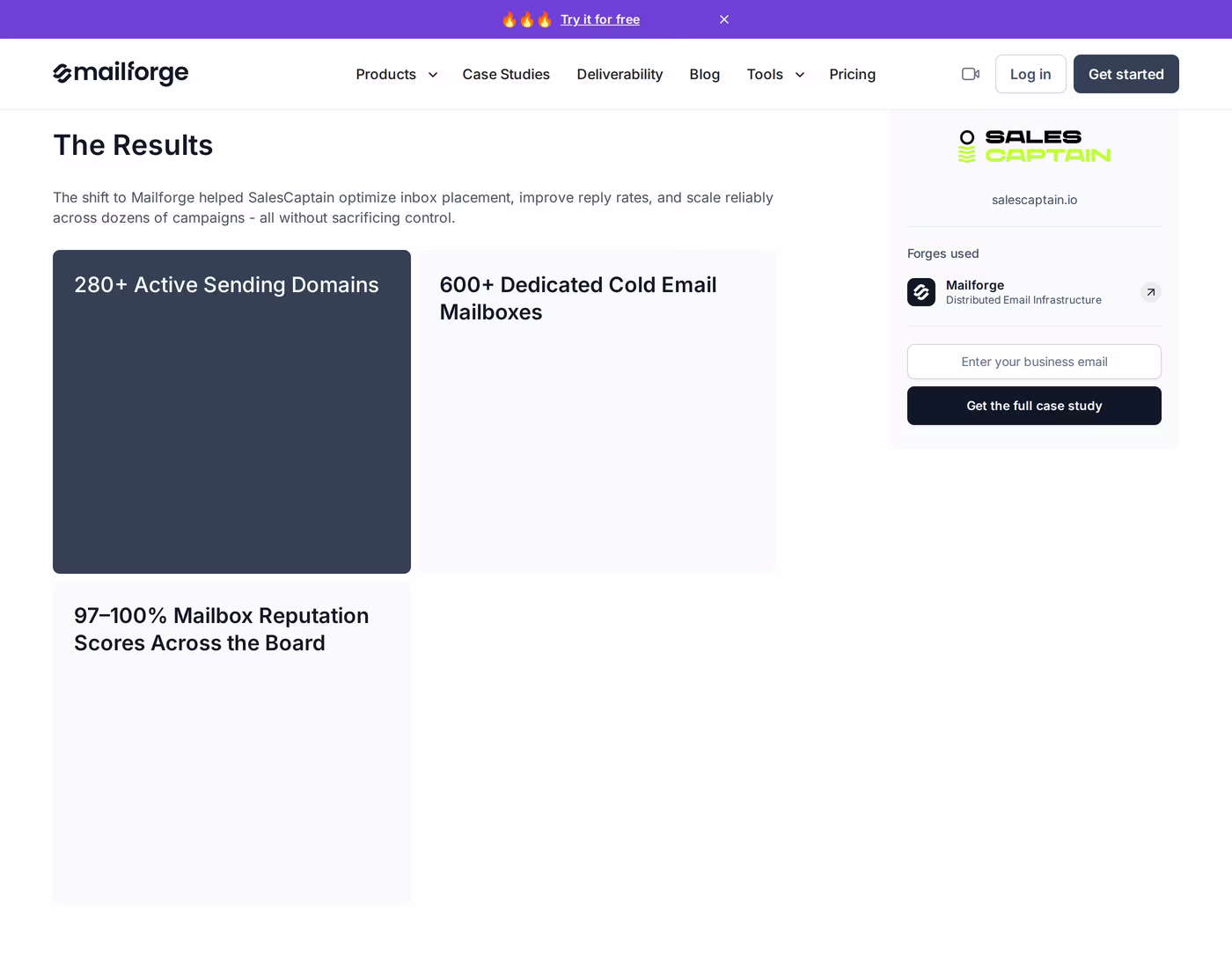 SalesCaptain case study results on Mailforge: 280+ active sending domains, 600+ dedicated cold email mailboxes, 97-100% mailbox reputation scores