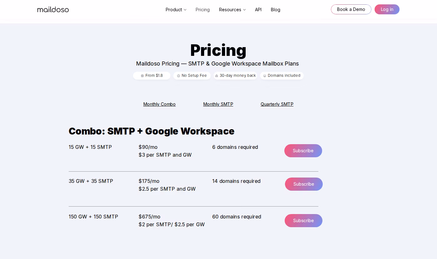 Maildoso pricing page showing combo SMTP and Google Workspace plans at 90 dollars 175 dollars and 675 dollars per month