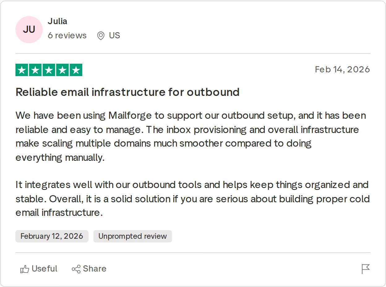 Five-star Trustpilot review from Julia dated February 2026 calling Mailforge reliable email infrastructure for outbound