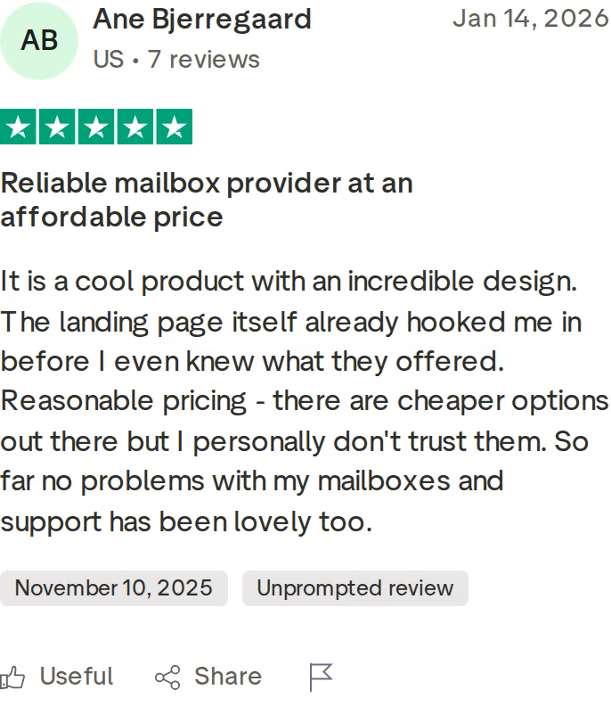 Five-star Trustpilot review from Ane Bjerregaard dated January 2026 praising Mailforge as a reliable mailbox provider at an affordable price