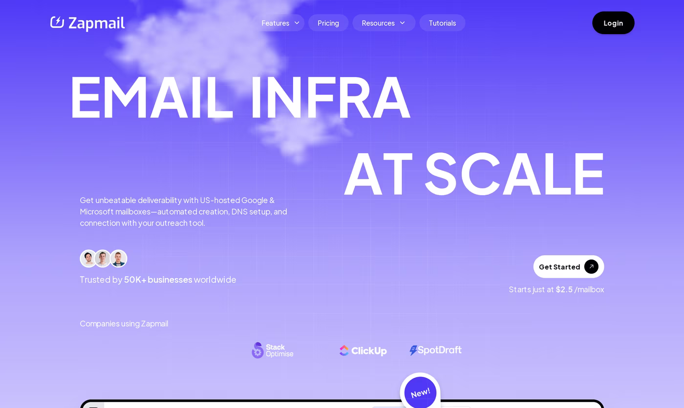 Zapmail homepage promoting US-hosted Google and Microsoft mailboxes for cold email at scale