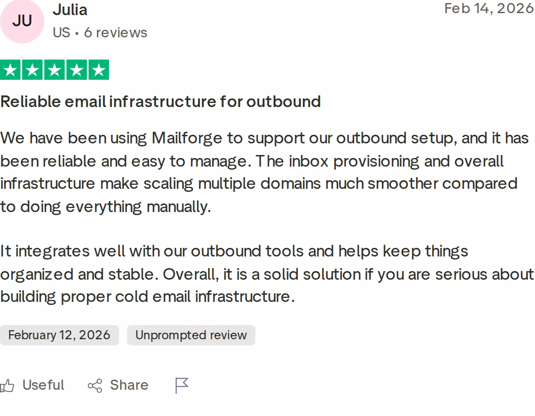 Julia 5-star Trustpilot review of Mailforge calling it reliable email infrastructure for outbound that makes scaling multiple domains smoother