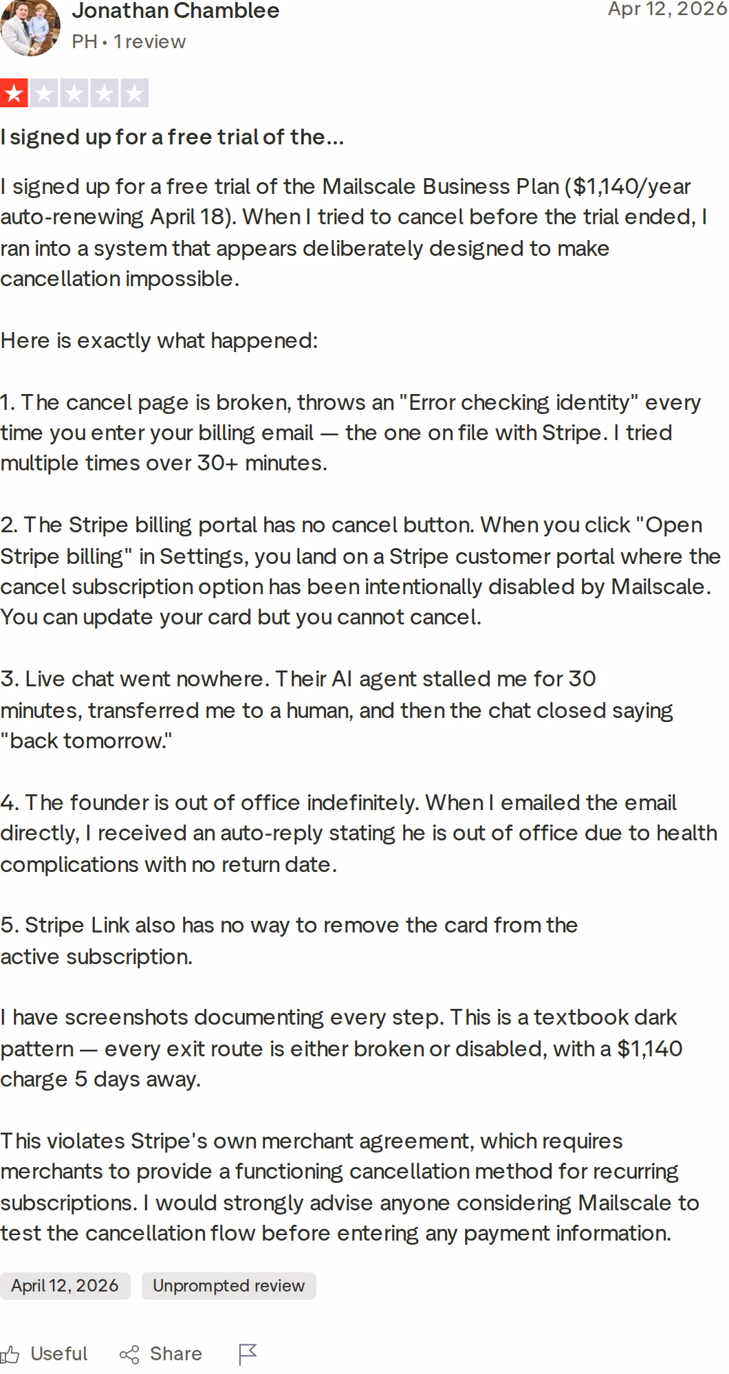 Jonathan Chamblee 1-star Trustpilot review of Mailscale describing a broken cancellation flow on an auto-renewing annual Business plan