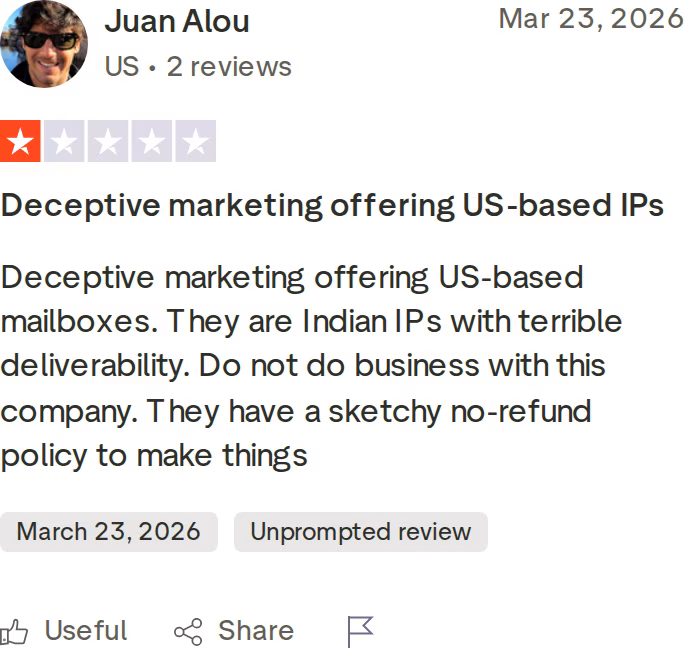 One-star Trustpilot review of Zapmail by Juan Alou dated March 23, 2026 calling its US-based IP marketing deceptive