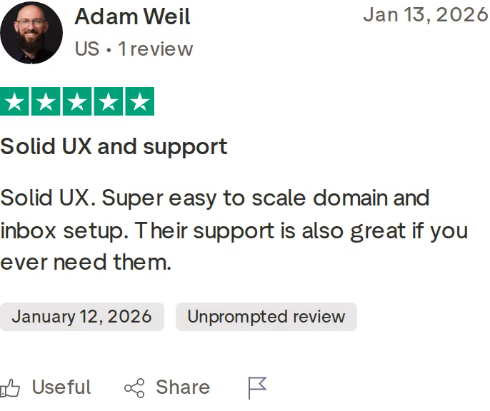 Five-star Trustpilot review of Mailforge by Adam Weil dated January 13, 2026 praising solid UX and easy domain and inbox scaling
