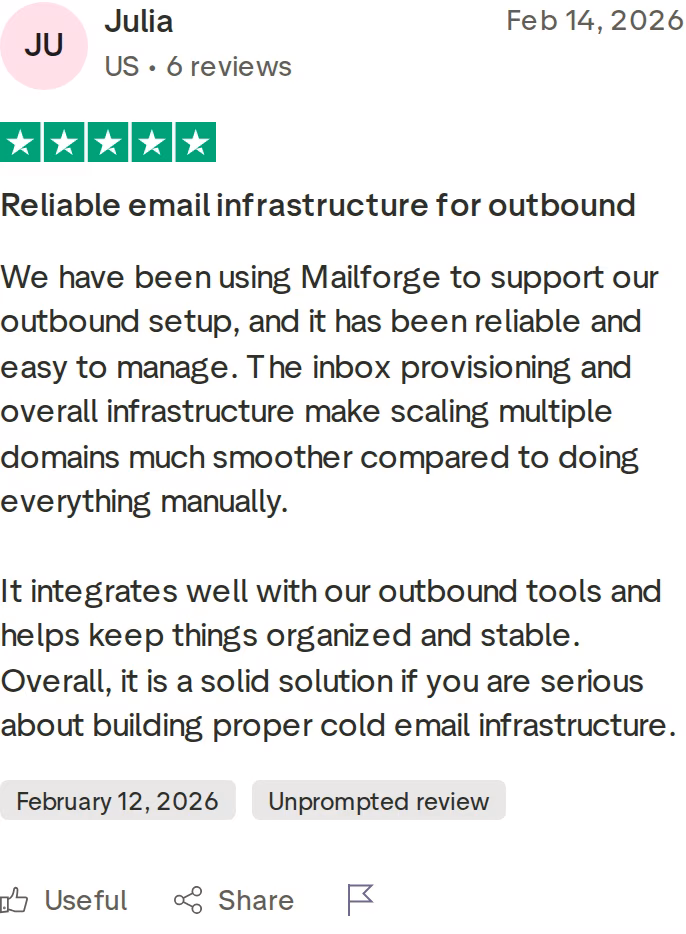 Five-star Trustpilot review of Mailforge by Julia dated February 14, 2026 praising reliable infrastructure for scaling multiple domains