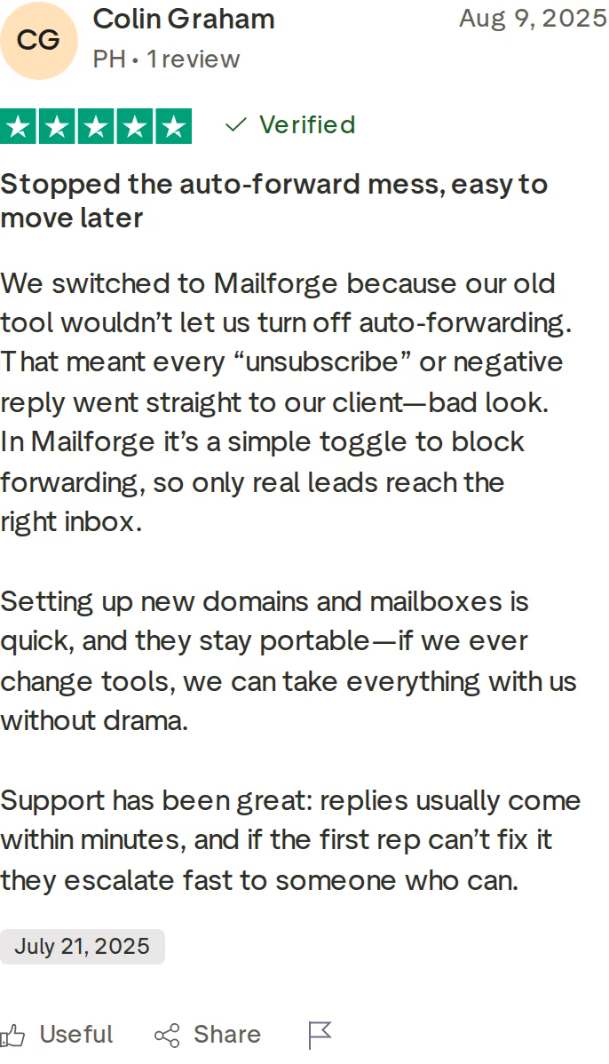 Five-star verified Mailforge Trustpilot review praising auto-forward control, fast setup, and domain portability