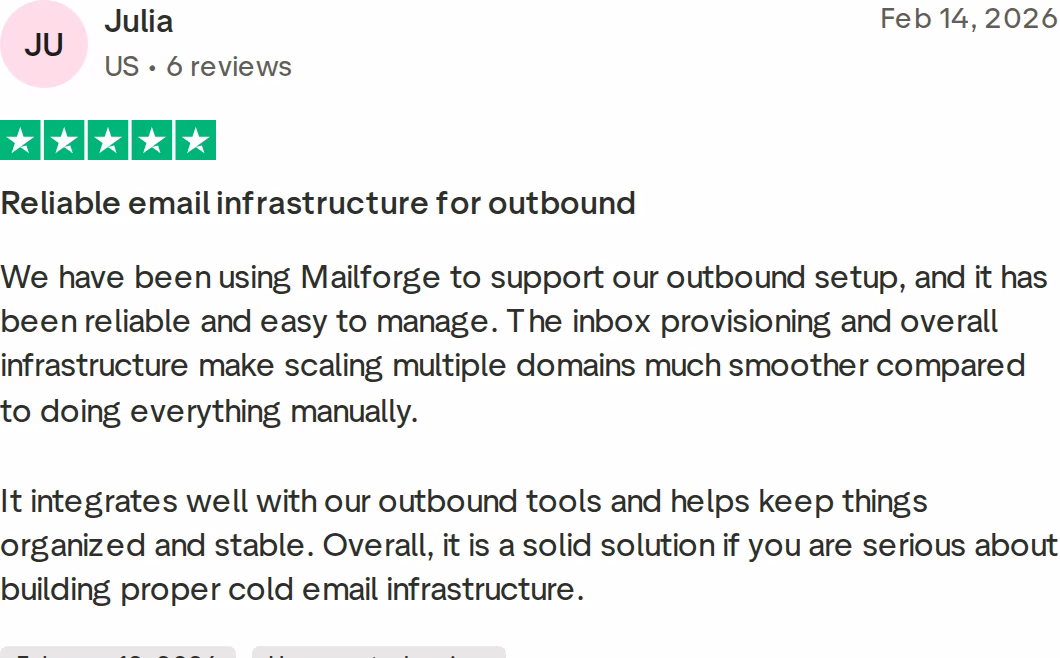 Five-star Trustpilot review calling Mailforge reliable, easy to manage email infrastructure for outbound at scale