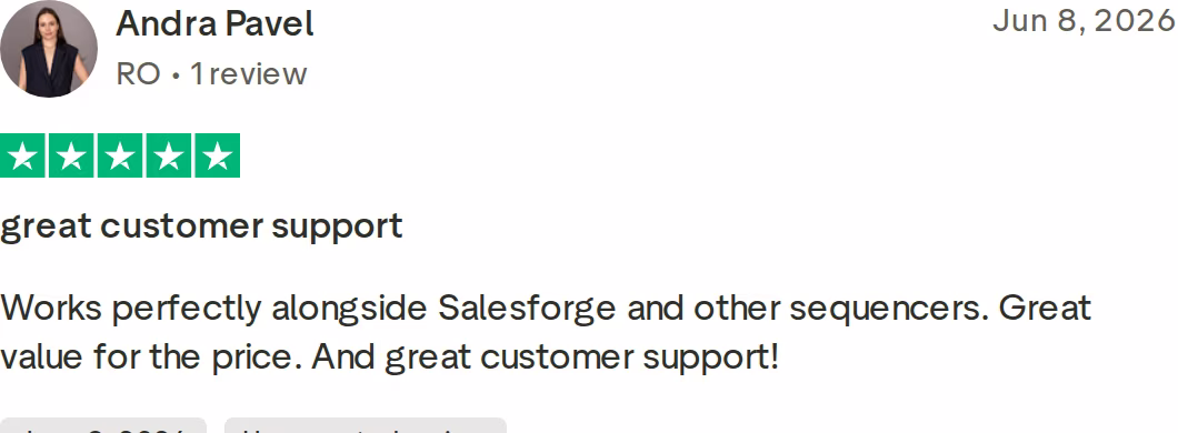 Five-star Trustpilot review: Mailforge works perfectly alongside Salesforge and other sequencers, great value and support
