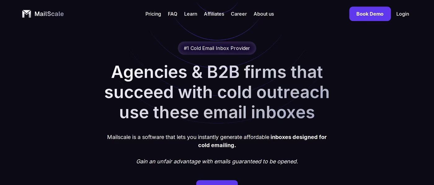 Mailscale homepage: instantly generate affordable inboxes designed for cold emailing
