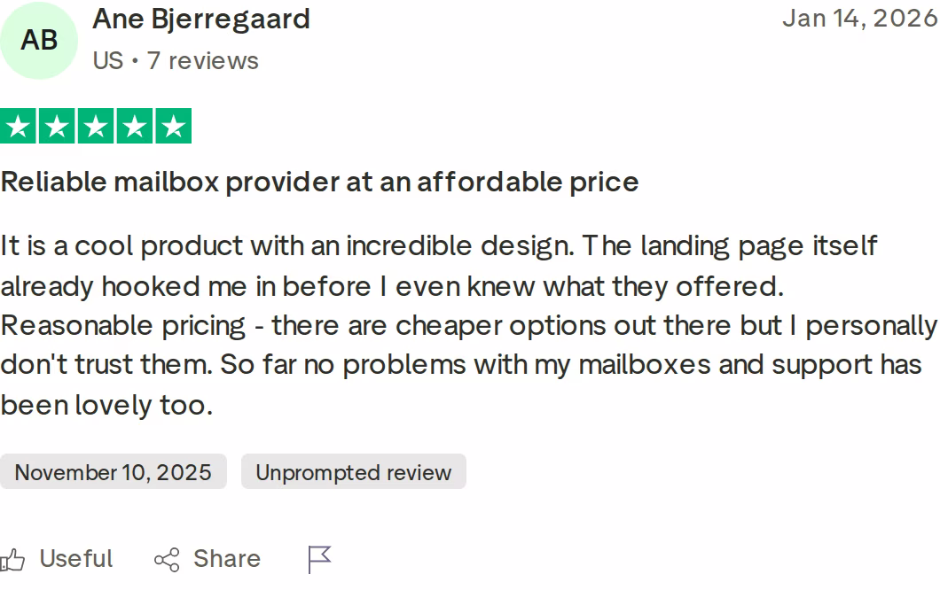 Five-star Trustpilot review describing Mailforge as a reliable mailbox provider at an affordable price by reviewer Ane Bjerregaard, January 2026