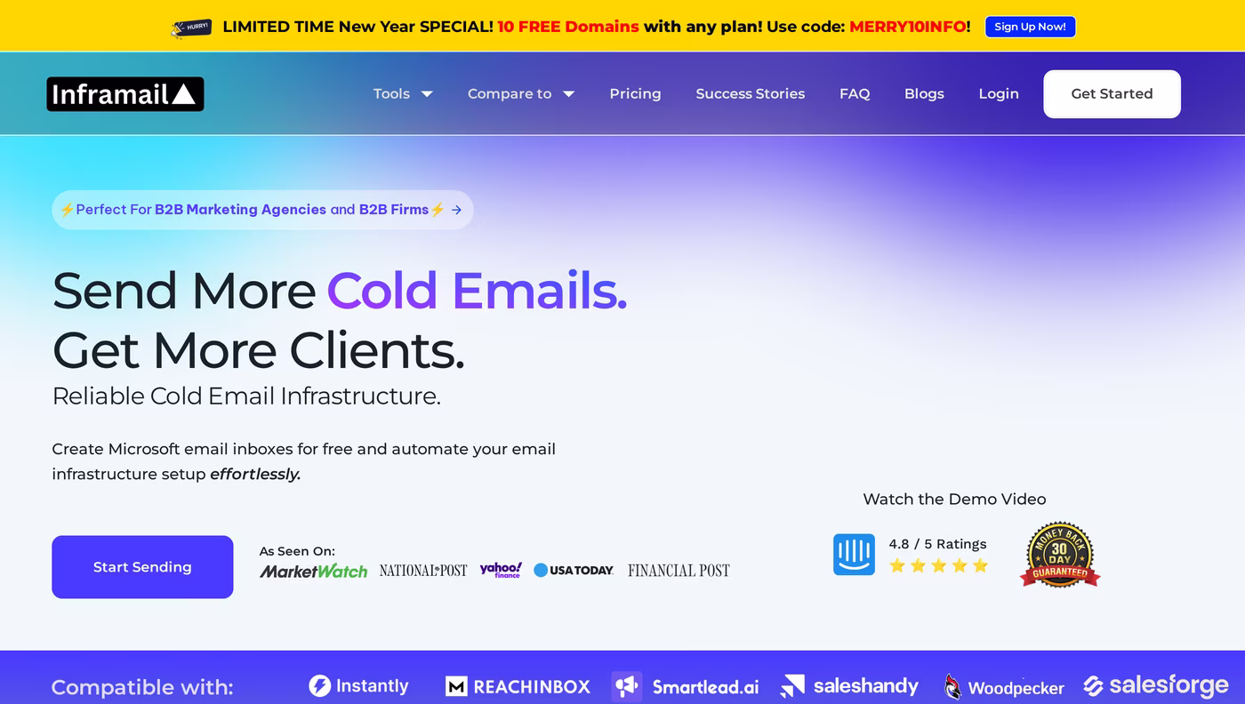 Inframail homepage showing unlimited Microsoft mailboxes for cold email