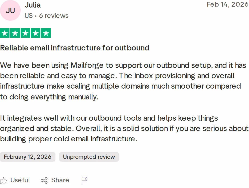 Five-star Trustpilot review of Mailforge praising reliable email infrastructure for outbound by reviewer Julia, February 2026