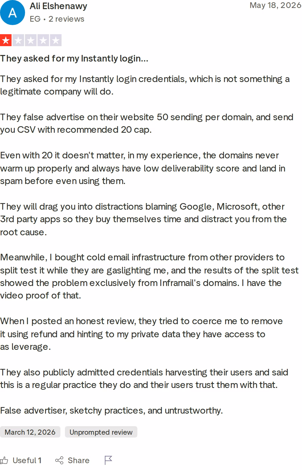 One-star Trustpilot review of Inframail citing deliverability problems and domains landing in spam by reviewer Ali Elshenawy, May 2026