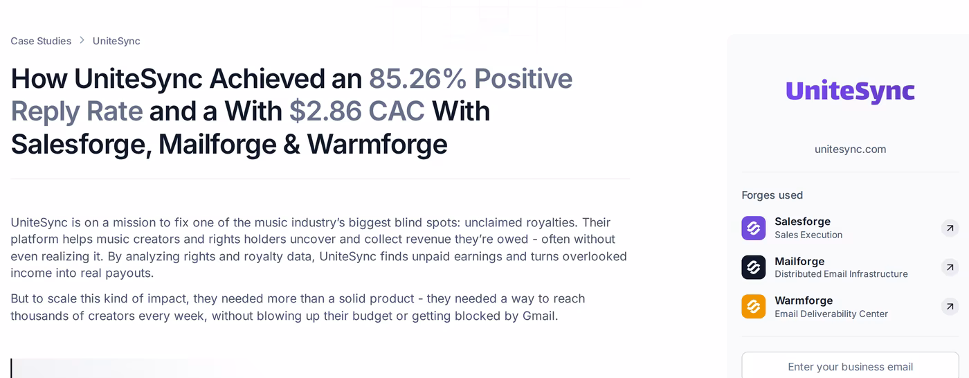 Mailforge UniteSync case study results showing 85.26% positive reply rate and $2.86 customer acquisition cost