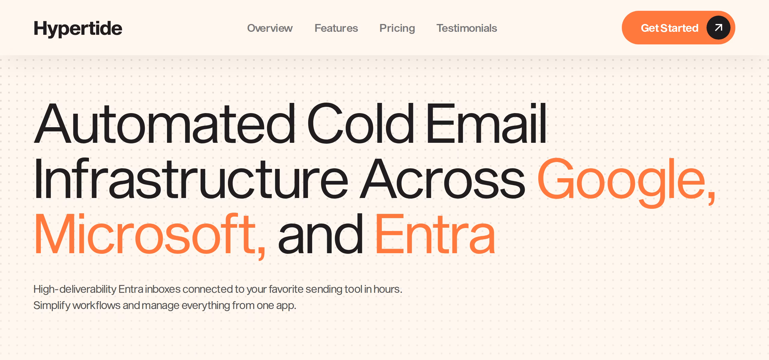 Hypertide homepage showing automated cold email infrastructure across Google, Microsoft and Entra