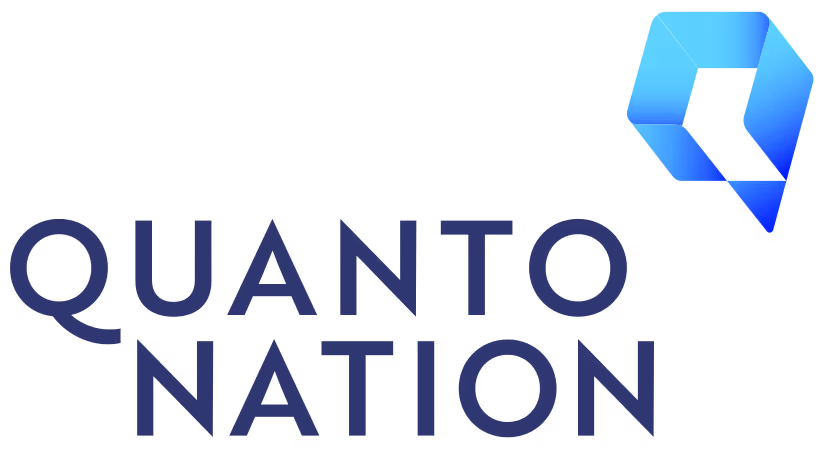 Quanto Nation logo with a stylized blue and gradient geometric letter Q symbol above the company name in dark blue capital letters.