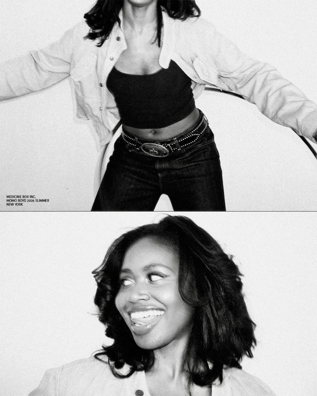 Momo Boyd dancing against concrete wall in cream denim jacket wide-leg jeans and heels — Miss Michigan EP promotional photos 2026