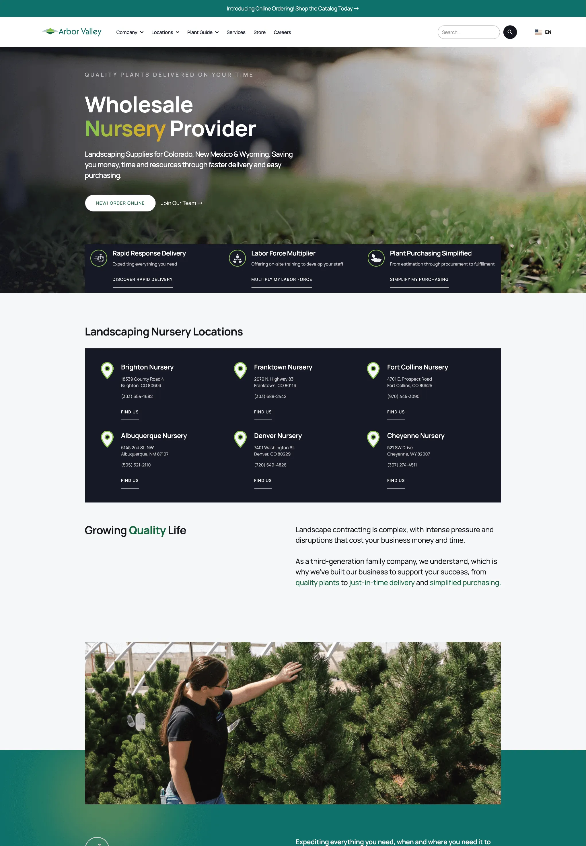 full page website mockup of Arbor Valley Nursery, a local nursery wholesaler