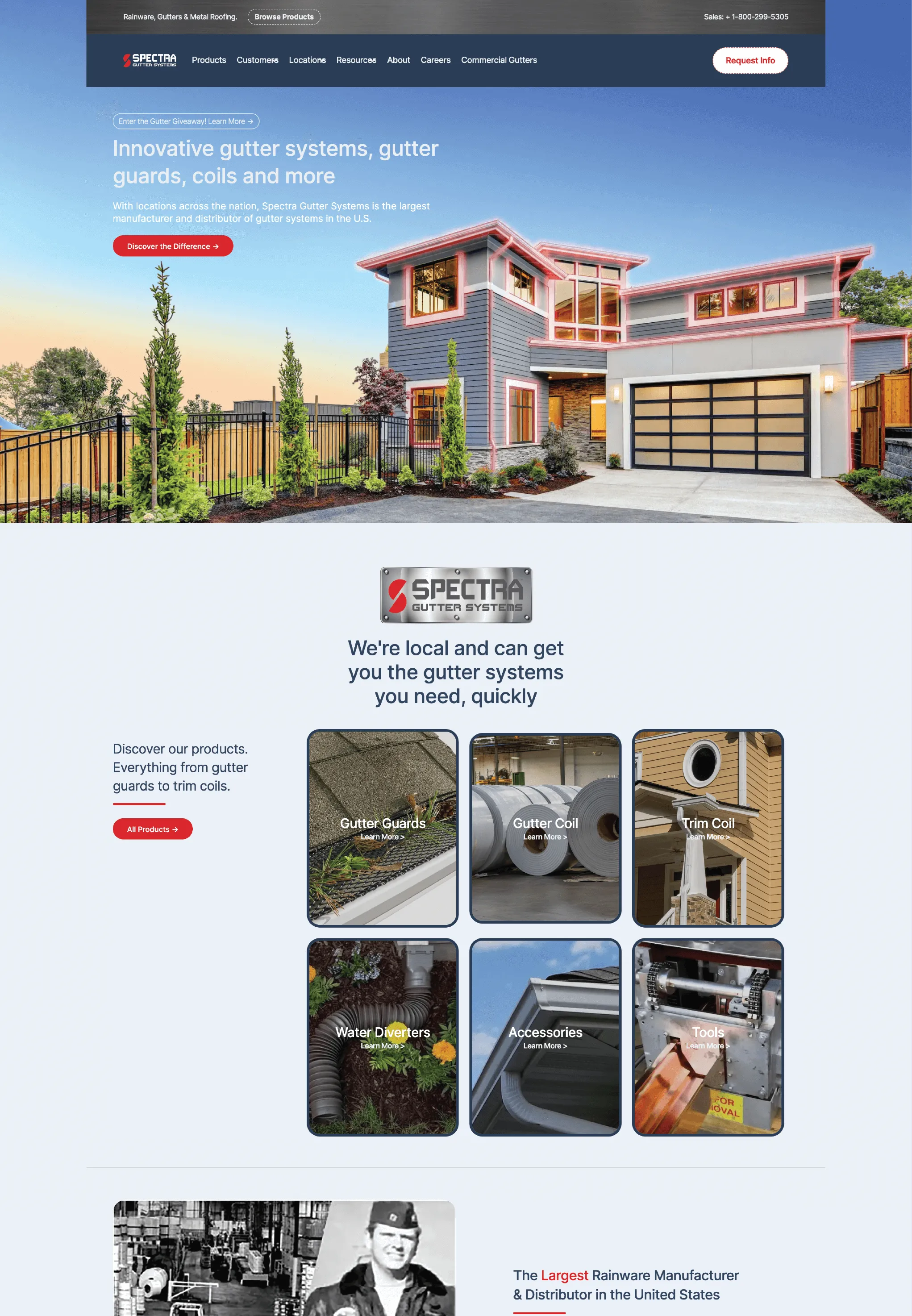 full page website mockup of Spectra Gutter Systems, a national gutter supplier