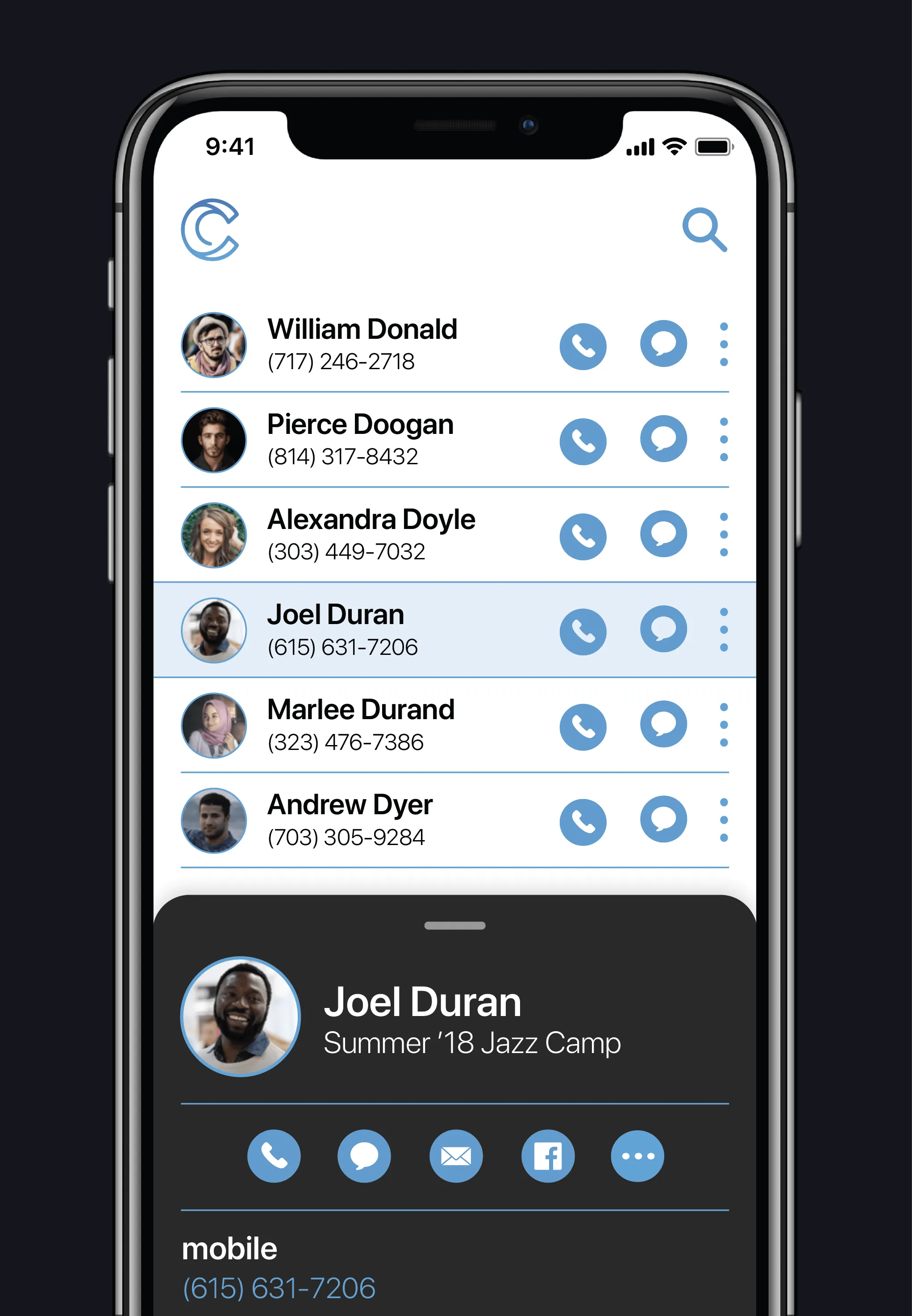 mobile phone mockup of a contact management application against a dark background