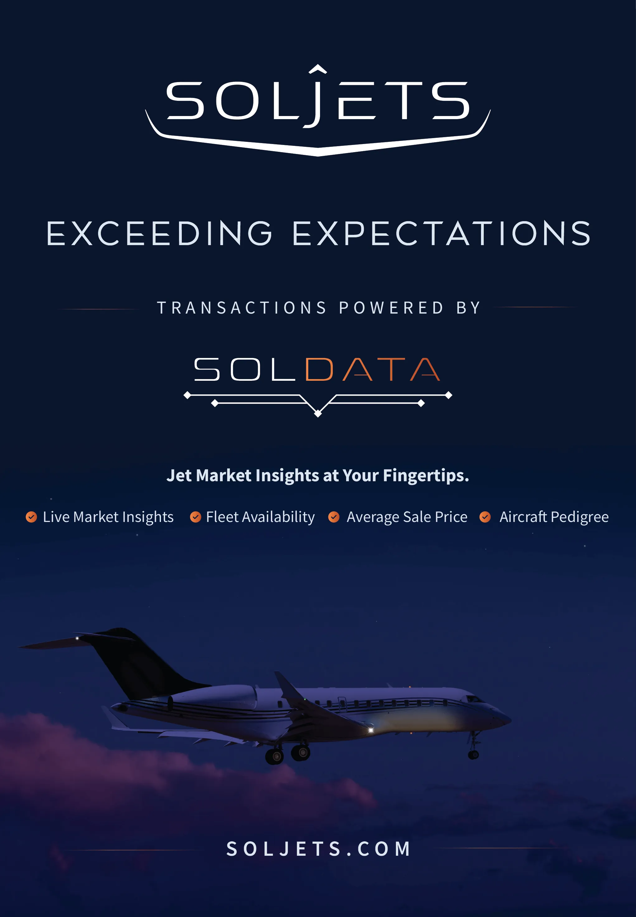mockup of a SOLJETS promotional flyer, an international aviation broker