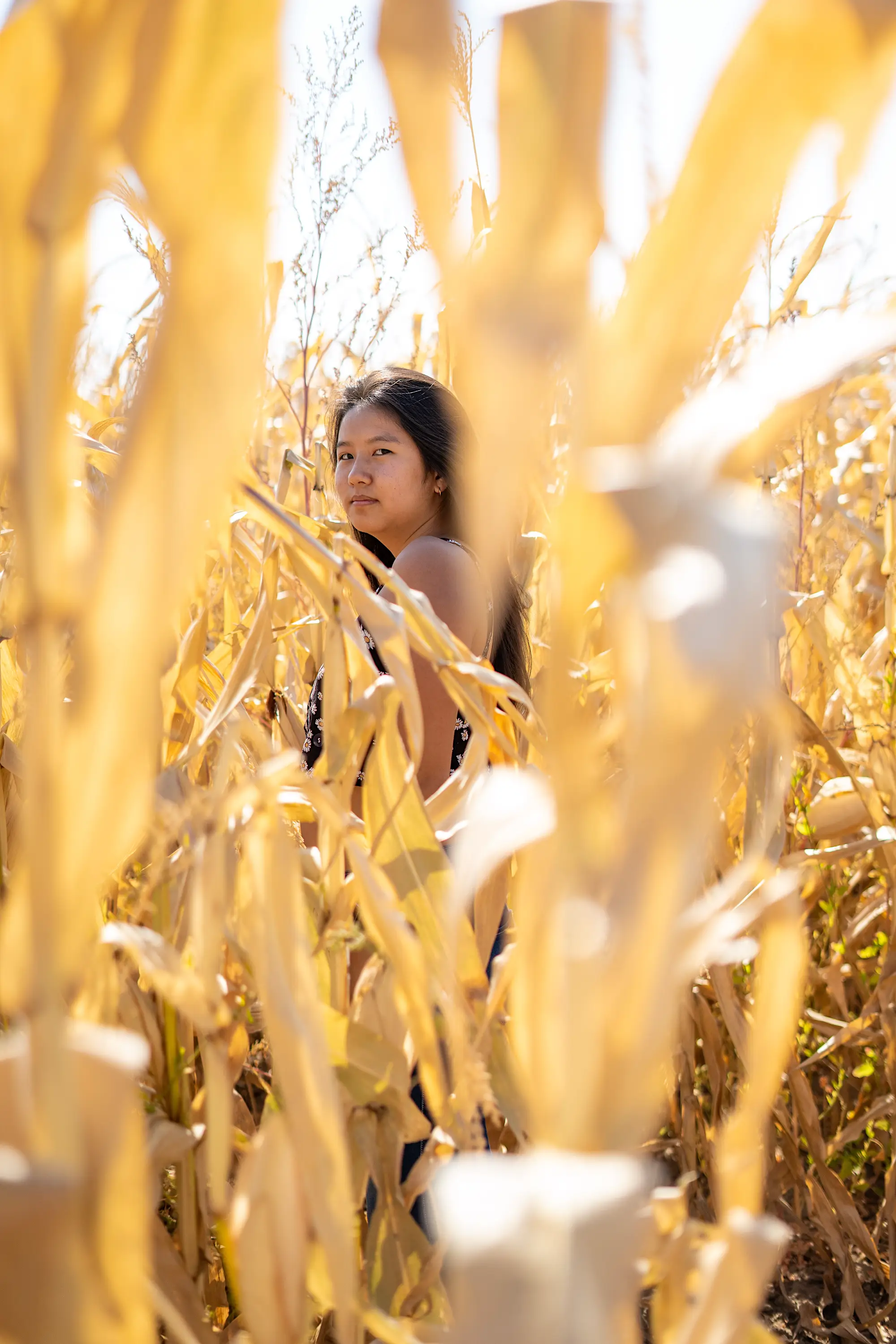 Woman standing in a harvest field looking at the camera