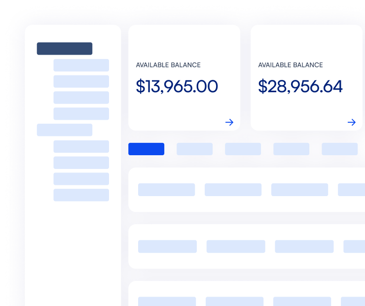 Banking dashboard showing two available balances: $13,965.00 and $28,956.64 with navigation menu on the left.