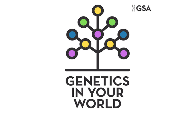 logo of the "Genetics in your world" podcast, an abstract tree with multicolored circles as leaves.
