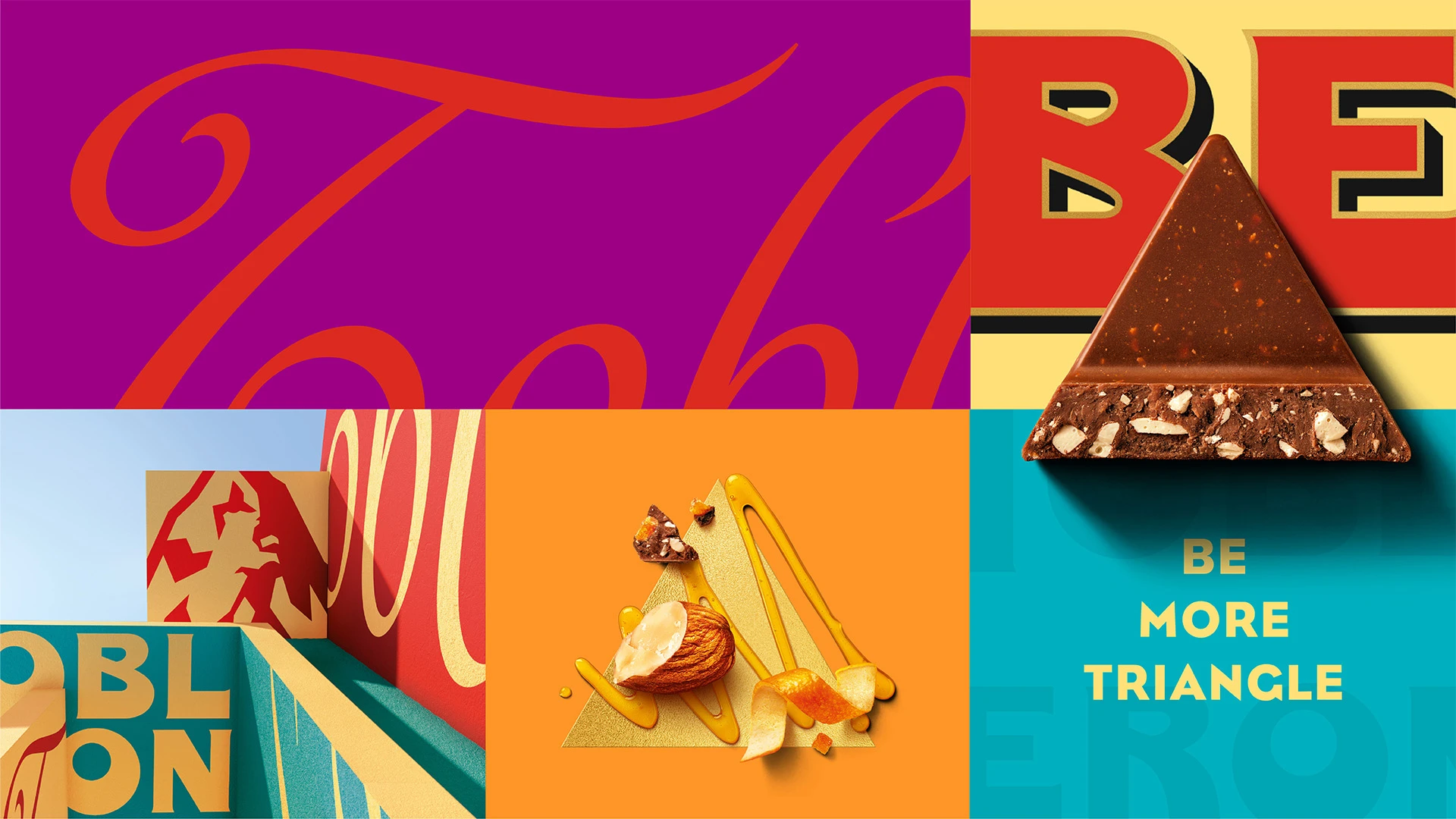 Markenelemente von Toblerone sowie Toblerone-Schokolade in einer Collage