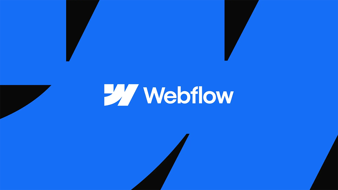 Das neue Logo von Webflow im Vordergrund sowie die neue Bildmarke in blauer Farbe und großer Darstellung im Hintergrund