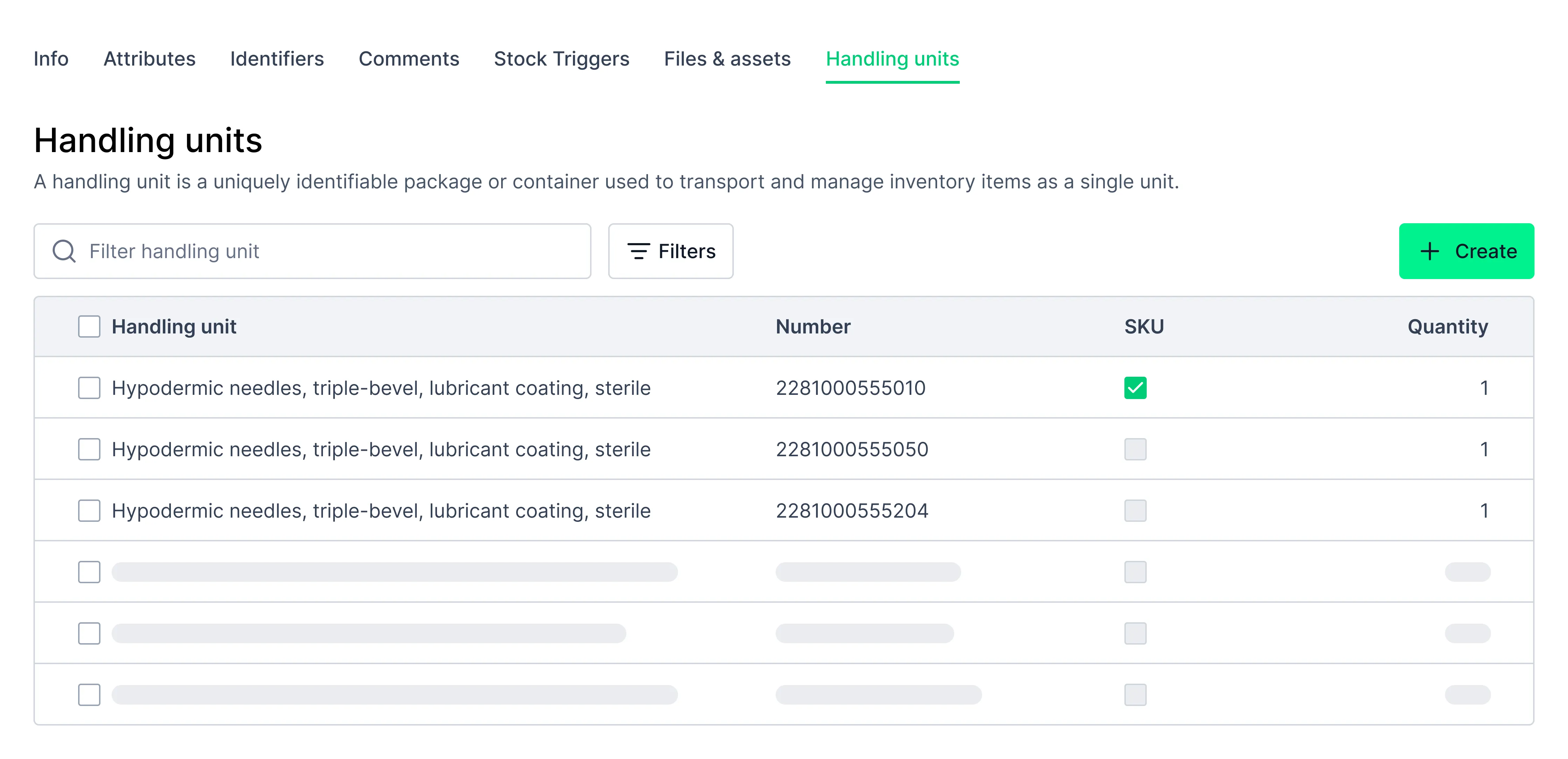 Handling units interface showing a list of hypodermic needle packages with unique numbers, SKU checkboxes, and quantities, including a search bar and create button.