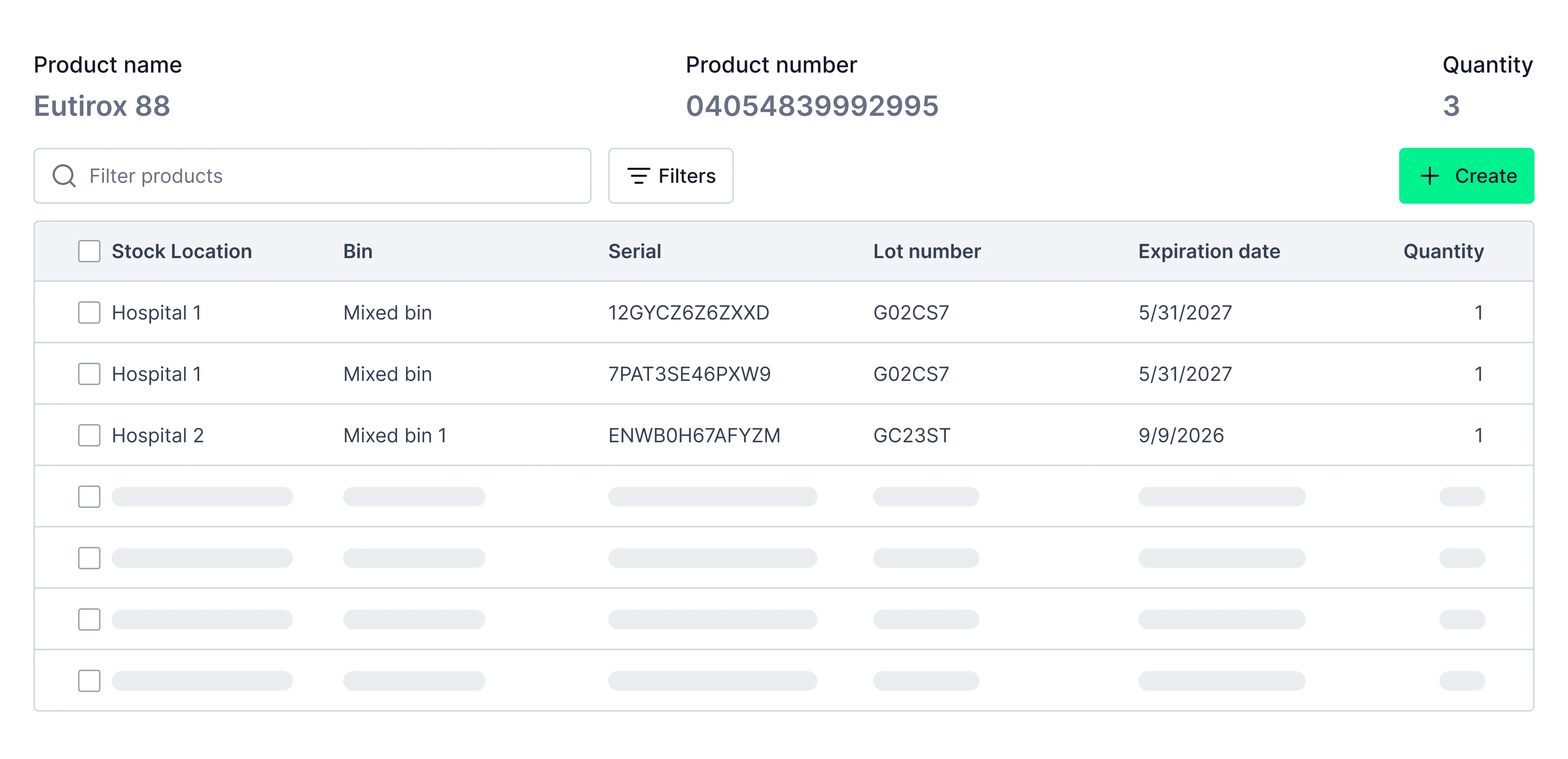 Inventory table for product Eutirox 88 with product number 04054839992995 showing stock locations, bin, serial numbers, lot numbers, expiration dates, and quantities for three items.