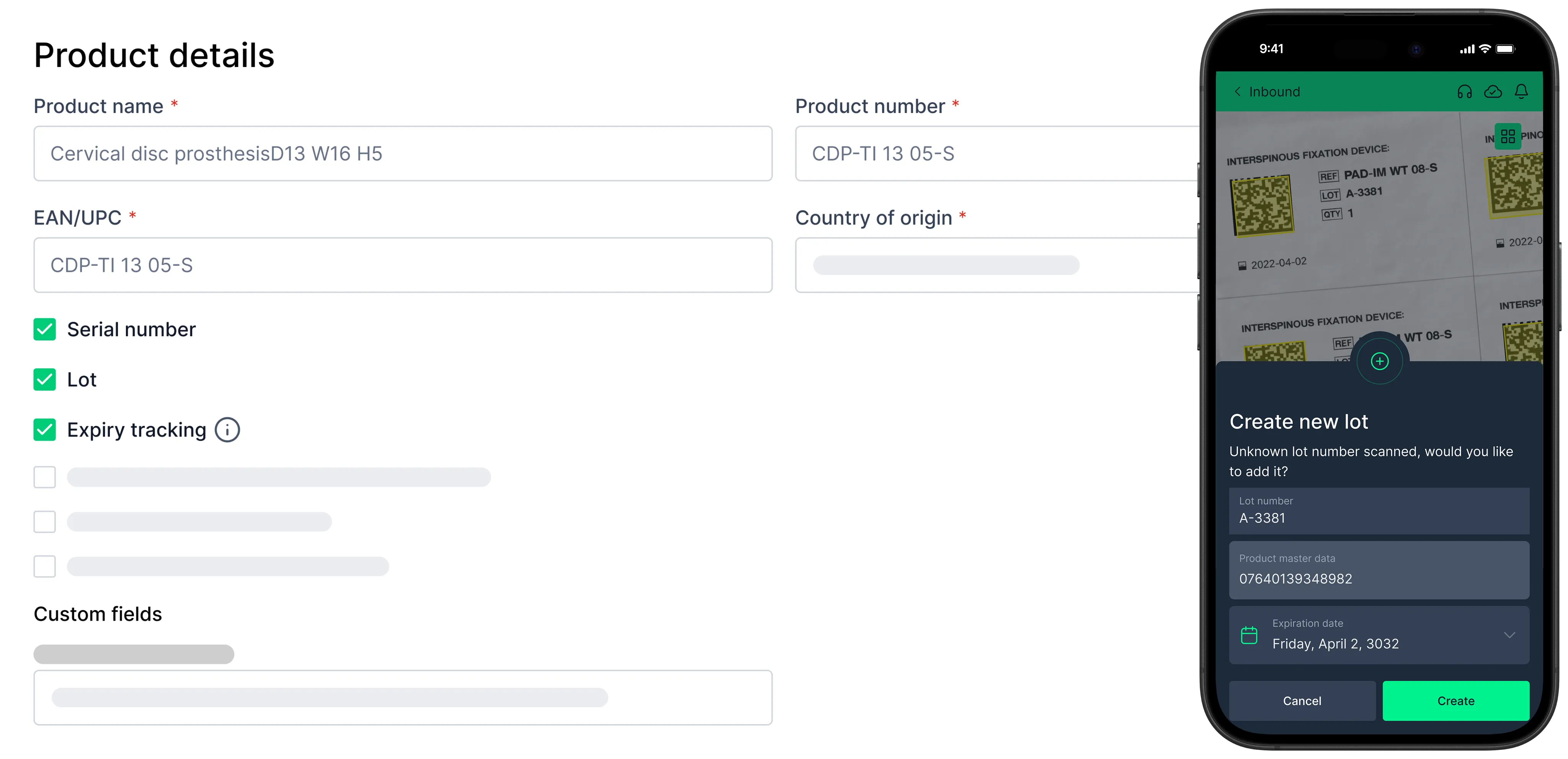 Product details form on left with fields for product name, number, UPC, country, and checkboxes for serial number, lot, and expiry tracking; smartphone on right displaying a lot management app screen to create a new lot with scanned lot number A-3381 and expiration date April 2, 3032.
