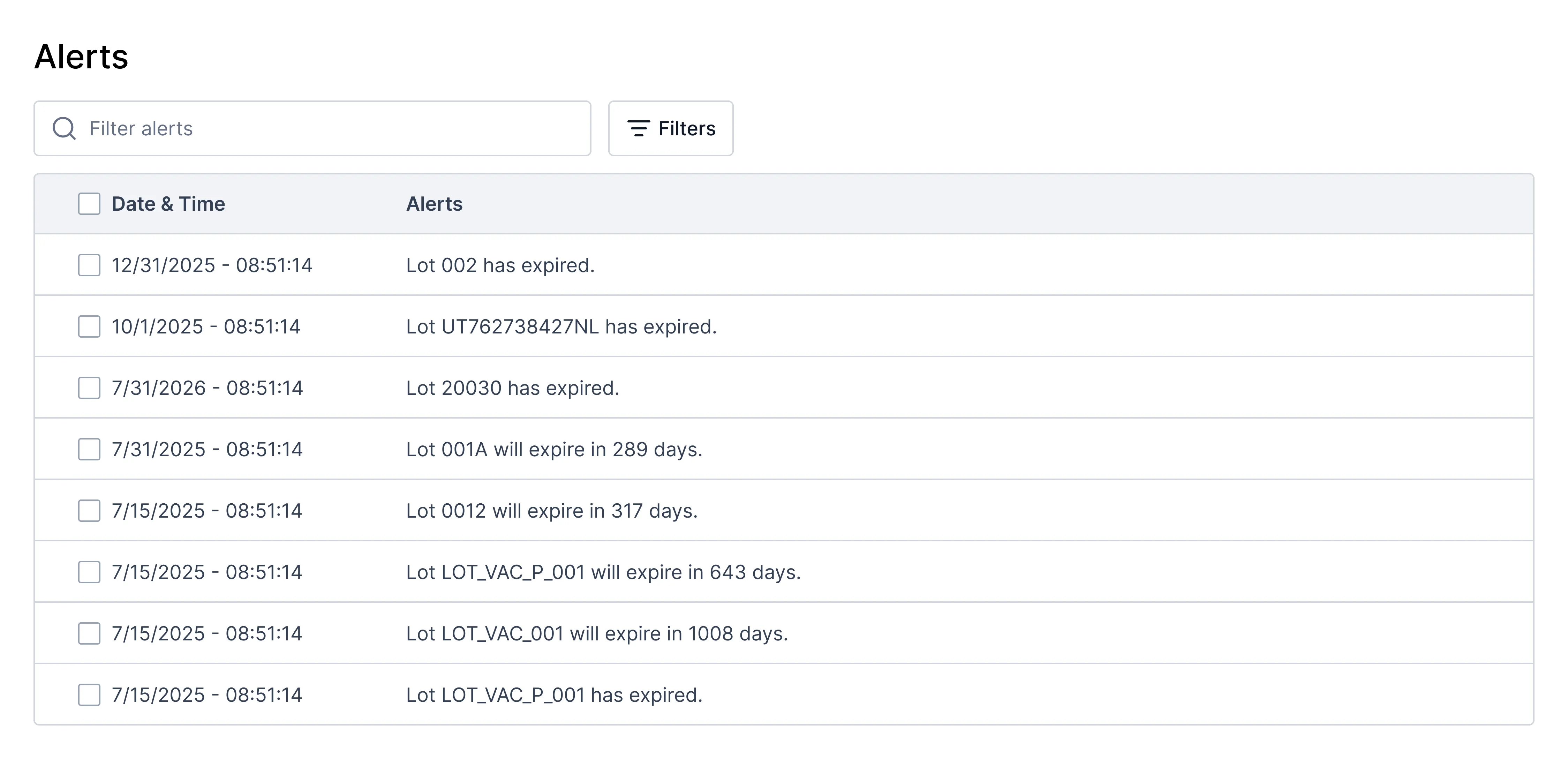 Table titled Alerts showing a list of lot expiration notifications with corresponding date and time, including lots expired and those expiring in a specified number of days.