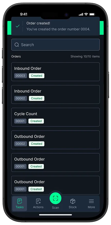 Mobile order management app screen showing confirmation message for order number 0004 and a list of orders with statuses marked as Created.