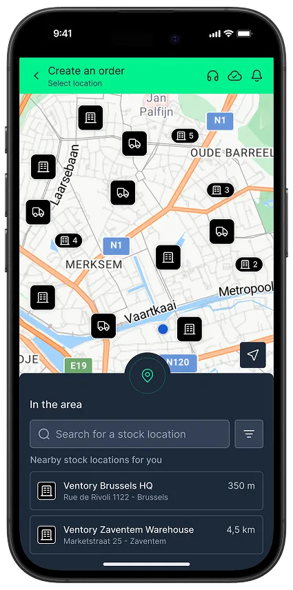Mobile phone screen displaying a map with icons for stock locations and warehouses, showing nearby stock locations in Brussels with distances.