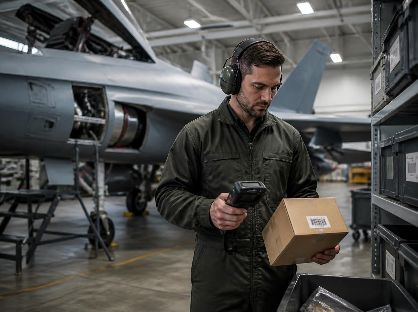 Aircraft maintenance technician scanning a spare part with a handheld scanner next to a military jet in a hangar