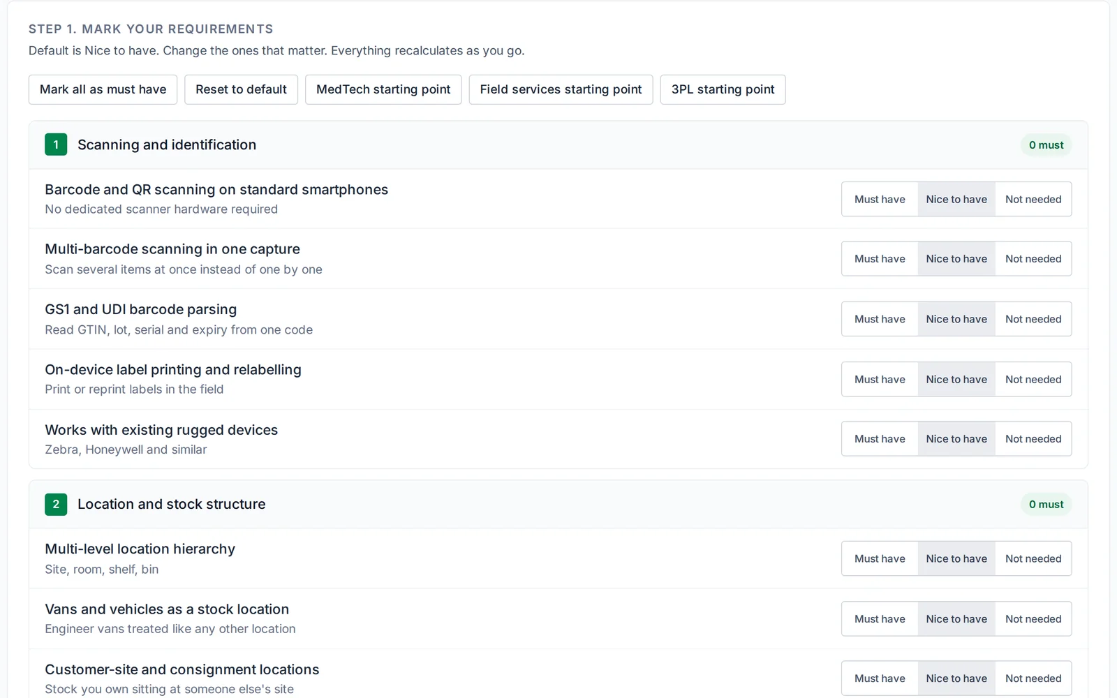 The Vendor Evaluation Checklist, showing requirements marked as must have or nice to have.