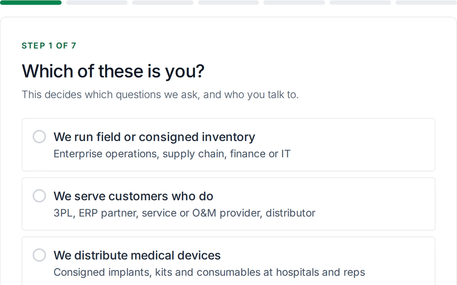 The Ventory Fit Check, asking which type of operation you run.