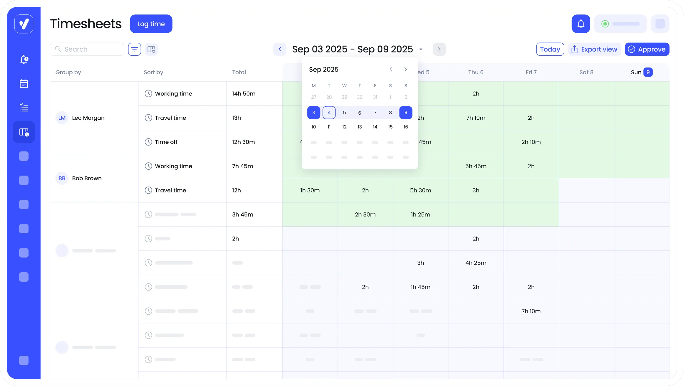 A digital timesheet interface displays hours worked by users from September 3 to September 9, 2025, with a date picker calendar open above the table.