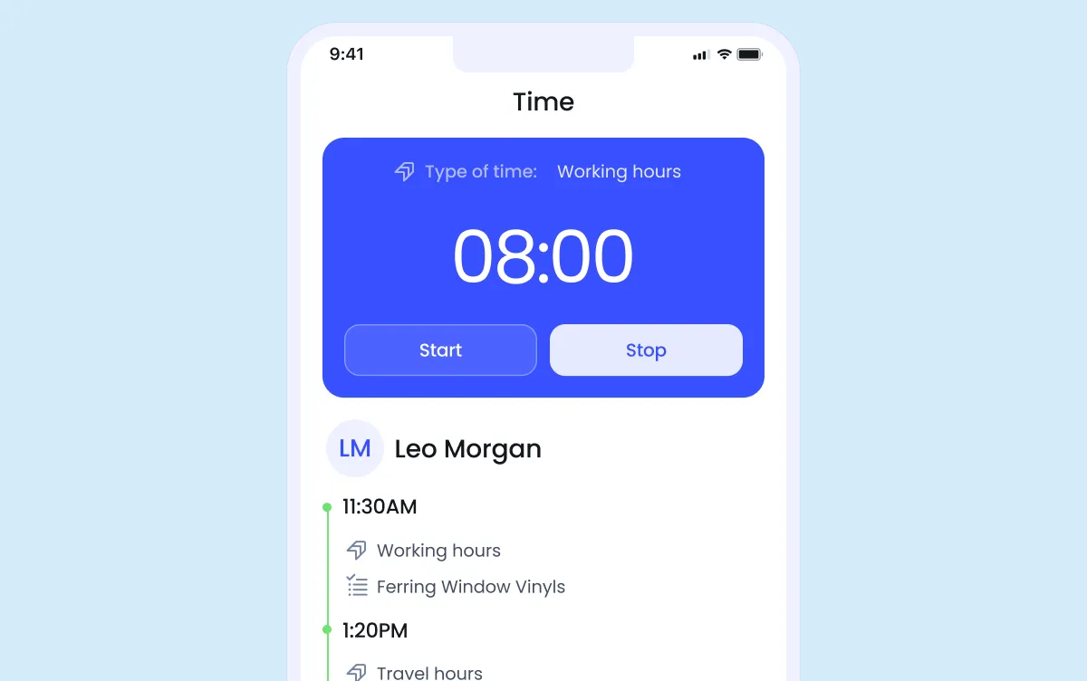 Mobile app screen showing a time tracker set to working hours, with an 8:00 timer, start/stop buttons, and a timeline of logged activities for Leo Morgan.