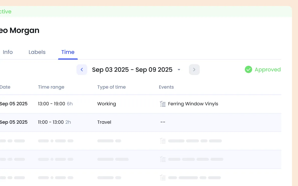 A digital timesheet interface displays work and travel entries for Sep 3-9, 2025, under the name Leo Morgan, with an "Approved" status indicator.