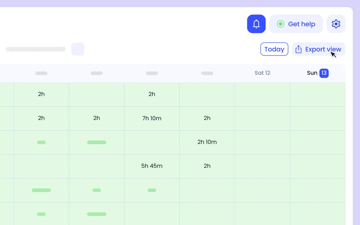 A digital calendar interface displays hours tracked for various tasks over multiple days, with options for help, exporting, and viewing today’s date.
